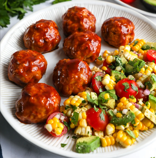 #5 LOW CARB # BBQ TURKEY MEATBALLS WITH CORN, ZUCCHINI & TOMATOES